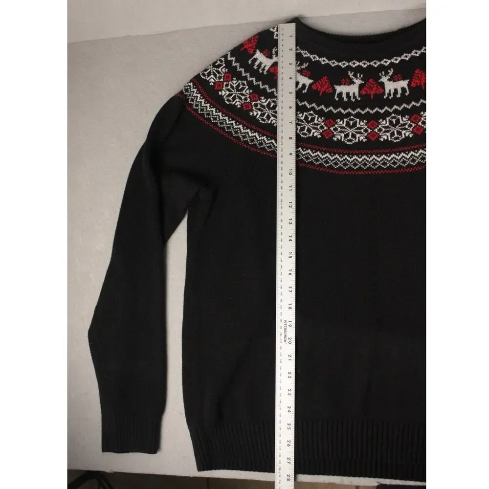Mens L Fair Isle Reindeer Sweater 60% Cotton Nordic Winter‎ Ski Holiday Black